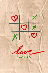 happy Valentines day banner with Tic-tac-toe game on Corrugated fiberboard background with pencil hearts. Valentines day illustration noughts and crosses game drawn love wins cardboard and flat paper