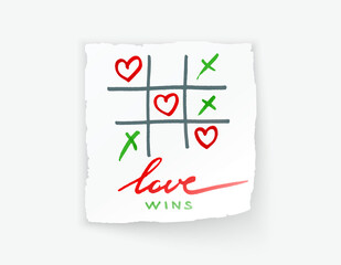 happy Valentines day banner with Tic-tac-toe game on Corrugated fiberboard background with pencil hearts. Valentines day illustration noughts and crosses game drawn love wins cardboard and flat paper