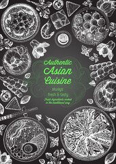 Asian cuisine top view frame. Food menu design with noodles,ramen, shrimps, fish balls and wagyu. Vintage hand drawn sketch vector illustration.