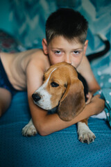 Teenage boy and dog lie on the bed and hug. Cute beagle puppy. Cozy scene, hygge concept. Lazy weekend concept