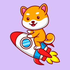 Cute Shiba Inu Riding Rocket Cartoon Vector Icon Illustration. Animal Character Mascot Flat Concept.