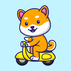 Cute Shiba Inu Riding Scooter Cartoon Vector Icon Illustration. Animal Character Mascot Flat Concept.