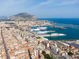 Outdoor kussens Aerial view of GNV ferry boats that are anchored at the Palermo harbor in the largest city in Sicily by the Mediterranean sea. © jakartatravel