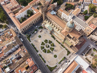 Dramatic aerial drone view of the Gothic cathedral of Palermo in Sicily day in Italy