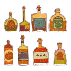 Vector set of isolated cartoon bottles. Bar menu. Contour illustration of vintage glass bottles with strong alcohol colored with scribbles. Doodle phials and vials and with blank labels.