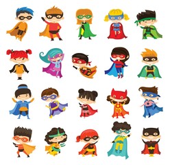 Vector illustrations in flat design of female and male kids superheroes in funny costume