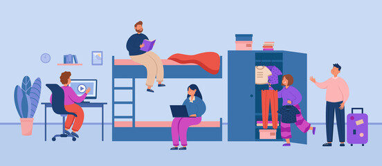 Students in college dormitory room flat vector illustration. Male and female teenagers reading books, studying, preparing for academic year in alternative accommodation. Study, hostel concept - obrazy, fototapety, plakaty
