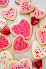 Heart cookies. Homemade butter cookies with pink glaze and sprinkles.