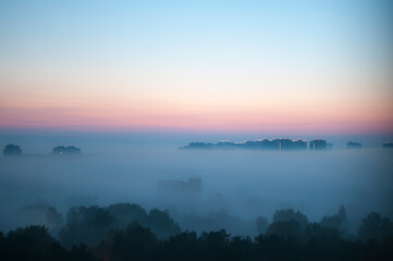 Foggy sunrise over Tyumen, Russia