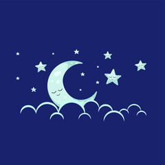 Cute moon, stars and cloud. Vector illustration.