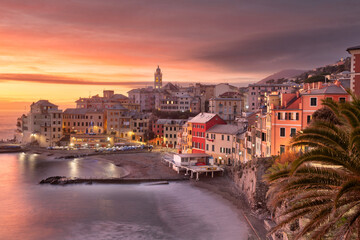 Fototapeta na wymiar Bogliasco, Genoa, Italy Skyline on the Water at Dusk