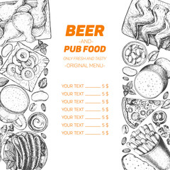 Pub food menu vector illustration. Beer, sausages, onion rings, chicken wings, pizza, french fries hand drawn. Food set for pub design top view. Vintage engraved illustration for beer restaurant