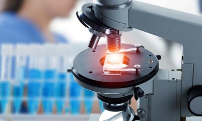 Microscope and tubes for analysis in a hospital blood bank. research laboratory for haematological...