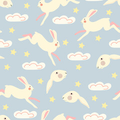 Seamless pattern with cute bunnies, stars and clouds. Rabbits on a blue background. Baby shower background, wall art, fabrics, textiles and invitation, paper