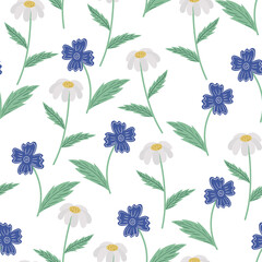 Seamless pattern with wildflowers and leaves. Spring seamless pattern with floral ornament. Vector image in a flat style