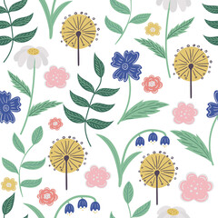 Seamless pattern with decorative twigs, flowers and leaves. Seamless floral pattern. Vector image in a flat style