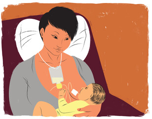 Mother breastfeeding baby with a supplemental nursing system