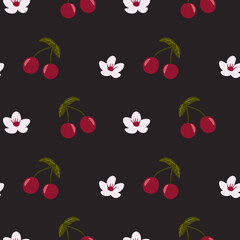 Seamless pattern with cherries and flowers. Color vector illustration for fabrics, wrappers, paper.