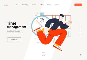 Technology Memphis -Time management - modern flat vector concept digital illustration of time management metaphor, a stopwatch, timeline and people in workflow. Creative landing web page template
