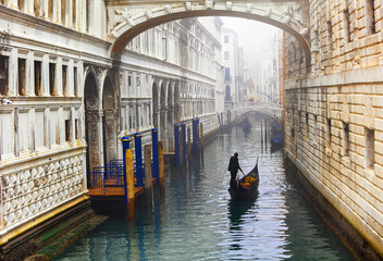 Romantic Venetian canals. Old Venice. Gondolas and Bridge of sights. Italy travel and landmarks