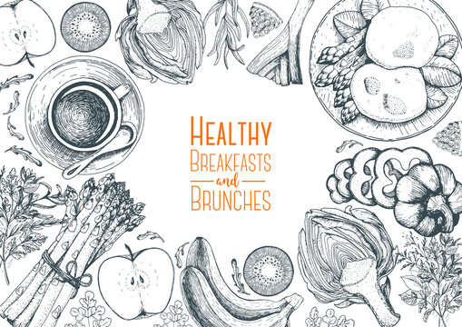 Fitness breakfasts and brunches top view frame. Healthy food menu design. Vintage hand drawn sketch vector illustration. Engraved style image. Fruits and vegetables for breakfast.