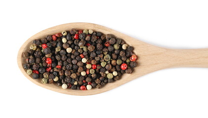 Colorful peppercorn mix, pepper pile with wooden spoon isolated on white background, top view