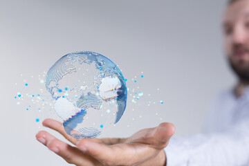 network holding in hand 3d connection data global