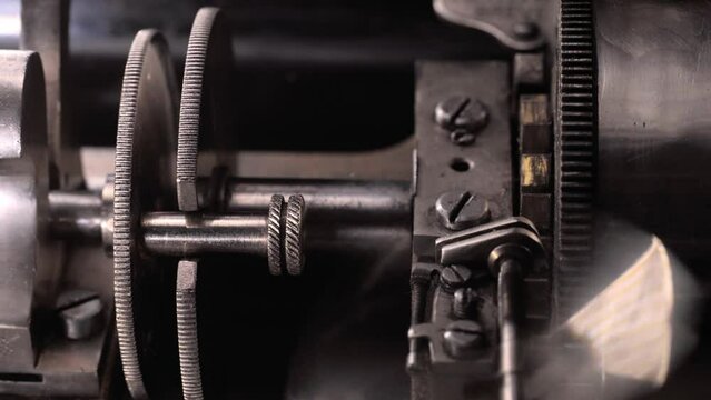Working mechanism of an ancient clockwork  music box close up. Static detail view