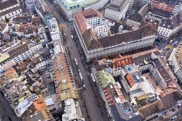 Aerial view of a tramway along the Bahnhof street, the main avenue in Zurich city center and business district in Switzerland largest city