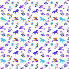 A pattern of stylized flowers, birds and horses