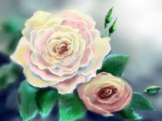 Naklejka premium Digital paintings landscape, yellow rose and pink rose on a green background