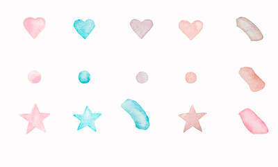 Watercolor elements in pastel colors. Spots, stars, hearts for design, patterns, stickers.