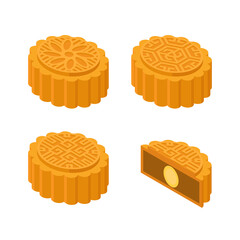 Moon cake isometric icons. Hand drawn vector illustration isolated on white. Flat color design.