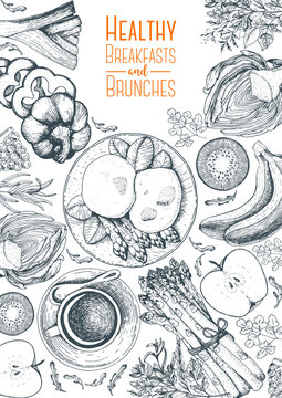 Fitness breakfasts and brunches top view frame. Healthy food menu design. Vintage hand drawn sketch vector illustration. Engraved style image. Fruits and vegetables for breakfast.