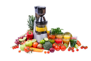 Electric juicer with orange juice inside. Freshly squeezed juices from fruits and vegetables. Isolated on white background.
