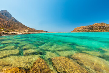 Fototapeta na wymiar Balos, a paradise beach with a beautiful sea and rocks in Crete, Greece