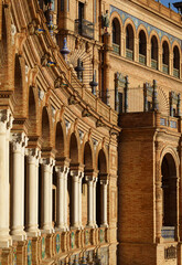 Obraz premium Close up view of the famous facade of the historic building at the Plaza de Espagna in Seville, Andalusia, Spain