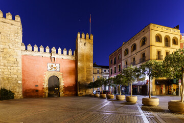 Fototapeta na wymiar Night view of the entrance of the Alcazar castle in the heart of medieval old town of Sevilla in Andalucia in Spain