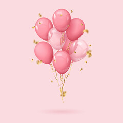 Bouquet, bunch of realistic pink balloons and gold ribbons, serpentine, golden confetti. Vector illustration for card, party, design, flyer, poster, decor, banner, web, advertising. 