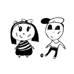 Sweet little girl and boy in kids drawing style. Children play ball