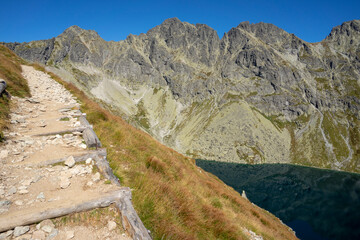 View of the hiking trail on Koprovsky peak in Hincova Valley. Slovak High Tatra Mountains.