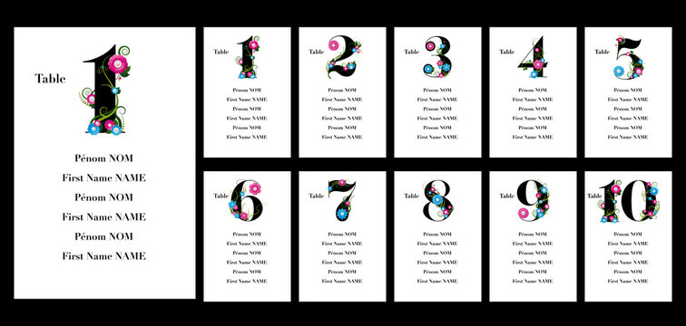 Ensemble de cartons pour un plan de table de mariage avec des chiffre dédorés de fleurs roses et bleus - texte français, anglais - traduction : prénom, nom.
Set of cardboards for a wedding seating pla