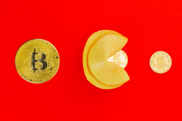 Creative concept background of a Fortune cookie eating Chinese yuan coins and get a golden Bitcoin...