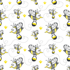 Cartoon doodle cute bees and flowers vector seamless pattern