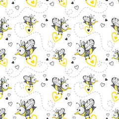 Cartoon doodle cute bees and hearts vector seamless pattern