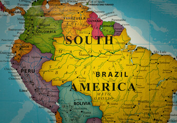 closeup Map continent of South America  - obrazy, fototapety, plakaty