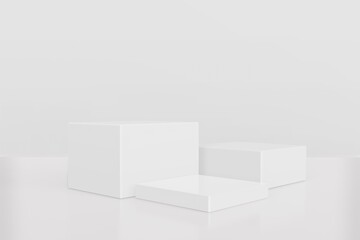 White pedestal display with box stand concept. Podium for brand promotion product, realistic 3d digital render