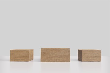 Wooden pedestal display with box stand concept. Podium for brand promotion products, realistic 3d digital rendering