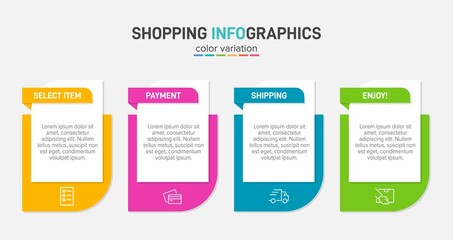 Concept of shopping process with 4 successive steps. Four colorful graphic elements. Timeline design for brochure, presentation, web site. Infographic design layout.