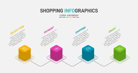 Concept of shopping process with 4 successive steps. Four colorful graphic elements. Timeline design for brochure, presentation, web site. Infographic design layout.